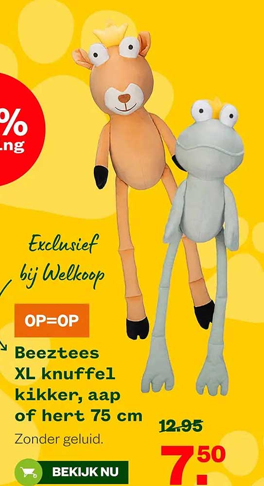 Beeztees XL knuffel kikker, aap of hert 75 cm OP=OP