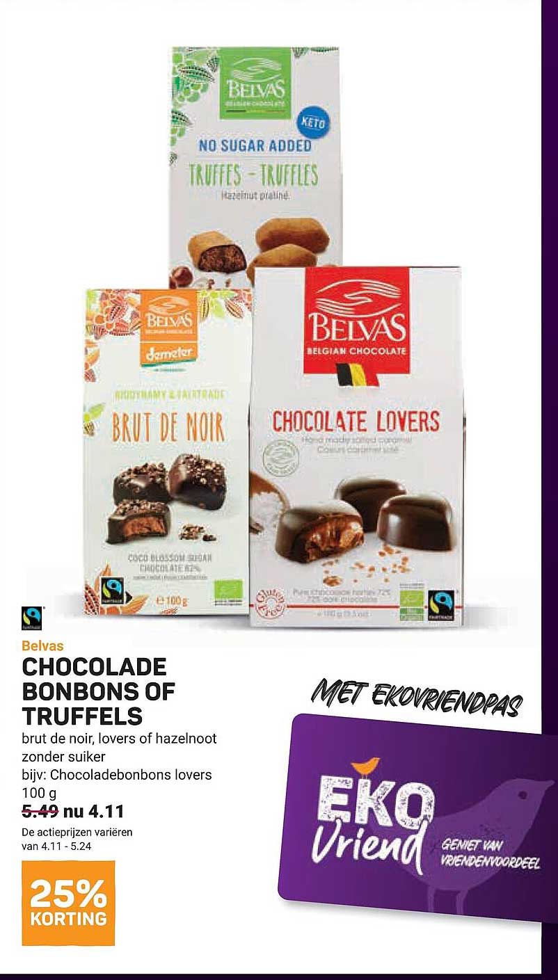Belvas chocolade bonbons of truffels brut de noir, lovers of hazelnoot zonder suiker bijv. Chocoladebonbons lovers 100 g 25% KORTING