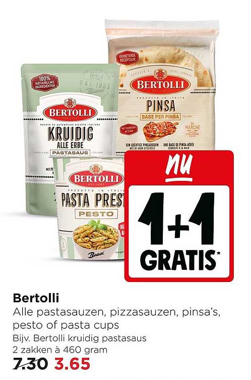 Bertolli Alle pastasauzen, pizzasauzen, pinsa’s, pesto of pasta cups 1+1 GRATIS