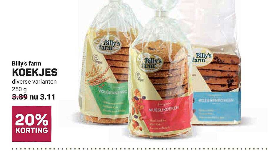 Billy’s farm KOEKJES diverse varianten 250 g 20% KORTING