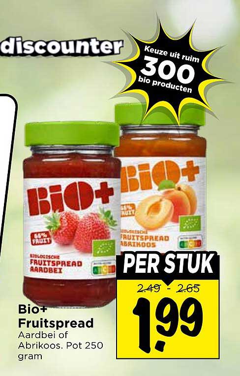 Bio+ Fruitspread Aardbei of Abrikoos. Pot 250 gram