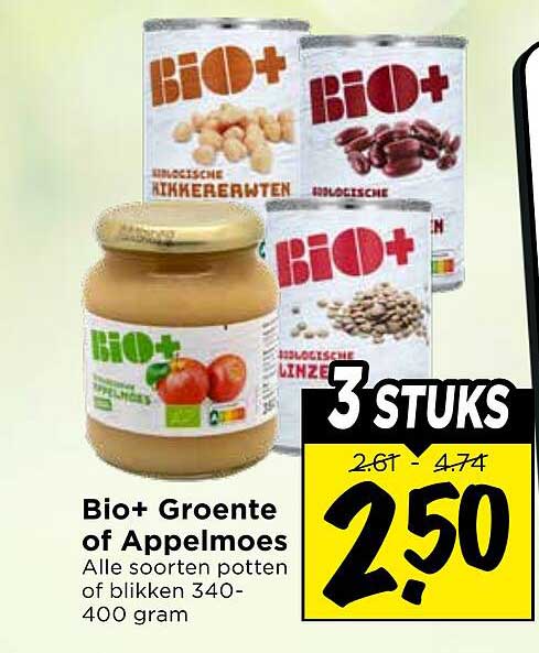 Bio+ Groente of Appelmoes Alle soorten potten of blikken 340-400 gram 3 STUKS