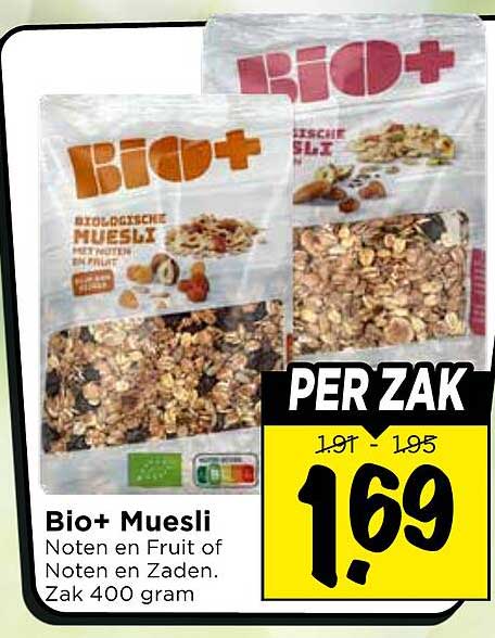 Bio+ Muesli Noten en Fruit of Noten en Zaden. Zak 400 gram