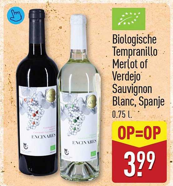 Biologische Tempranillo, Merlot of Verdejo Sauvignon Blanc, Spanje 0.75 l. OP=OP