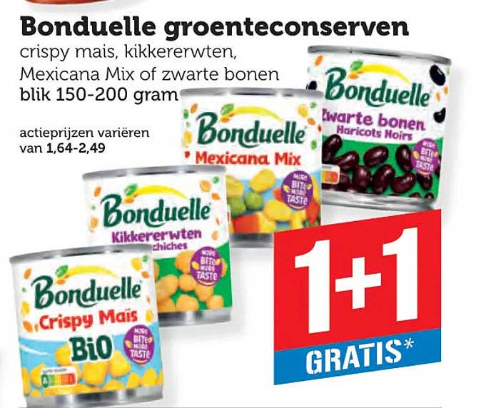 Bonduelle groenteconserven crispy mais, kikkererwten, Mexicana Mix of zwarte bonen blik 150-200 gram 1+1 GRATIS*