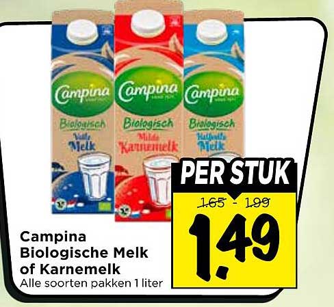 Campina Biologische Melk of Karnemelk Alle soorten pakken 1 liter PER STUK