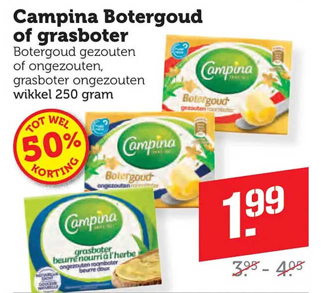 Campina Botergoud of grasboter Botergoud gezouten of ongezouten, grasboter ongezouten wikkel 250 gram