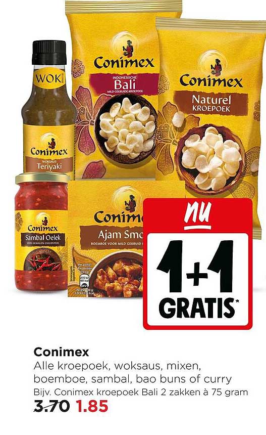 Conimex Alle kroepoek, woksau(s), mixen, boemboe, sambal, bao buns of curry 1+1 GRATIS