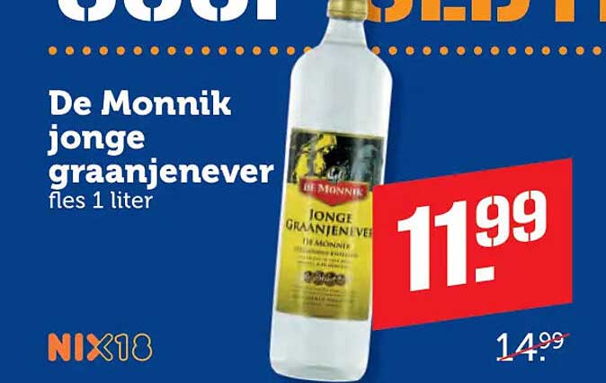 De Monnik jonge graanjenever fles 1 liter