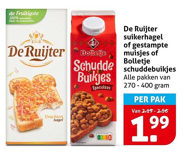 De Ruijter sukerhagel of gestampte muisjes of Bolletje schuddebuikjes Alle pakken van 270 - 400 gram PER PAK
