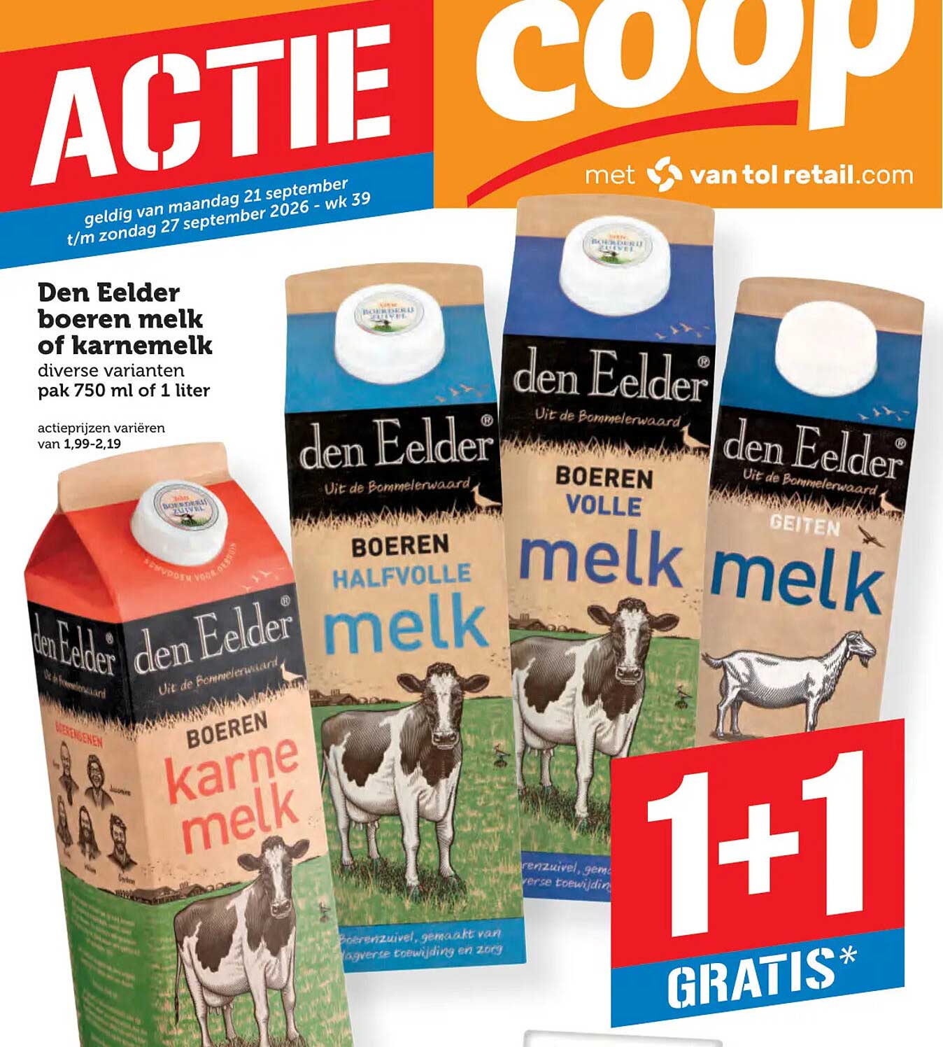 Den Eelder boeren melk of karnemelk diverse varianten pak 750 ml of 1 liter 1+1 gratis