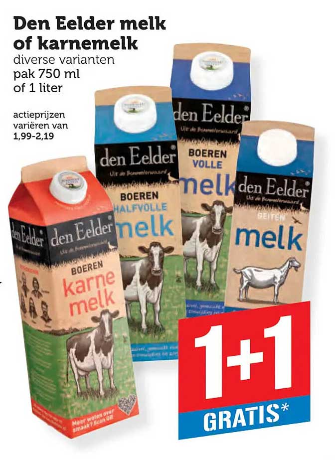 Den Eelder melk of karnemelk diverse varianten pak 750 ml of 1 liter 1+1 gratis