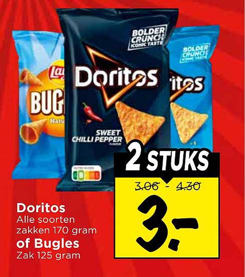Doritos Alle soorten zakken 170 gram of Bugles Zak 125 gram 2 STUKS