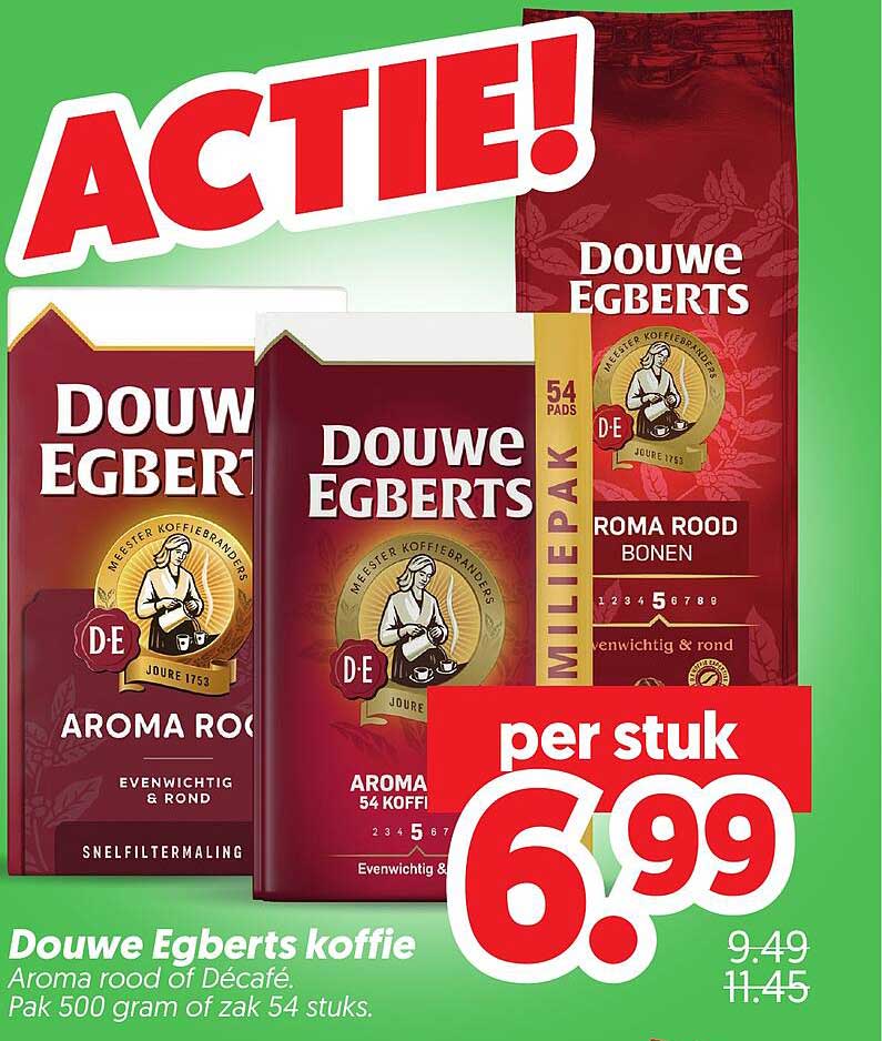 Douwe Egberts koffie Aroma rood of Décafé. Pak 500 gram of zak 54 stuks.