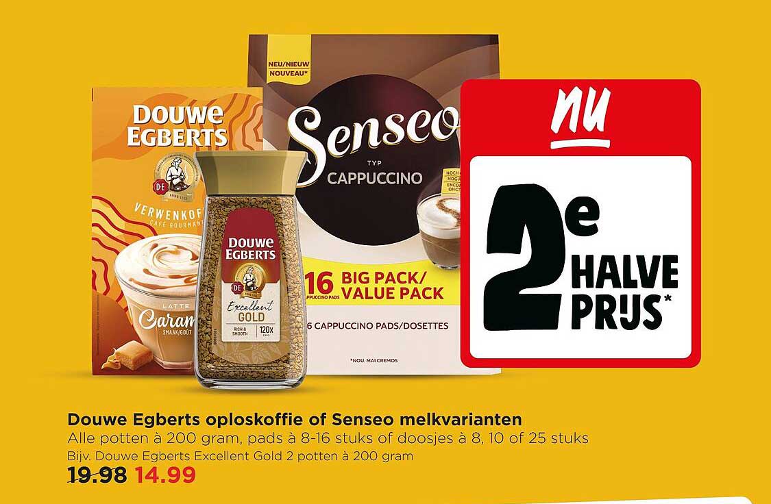 Douwe Egberts oploskoffie of Senseo melkvarianten 2e halve prijs