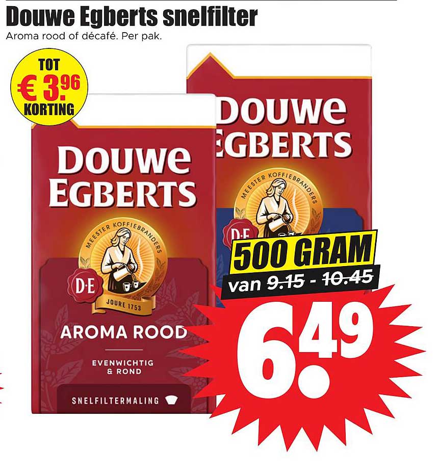 Douwe Egberts snelfilter Aroma rood of décafé. Per pak.
