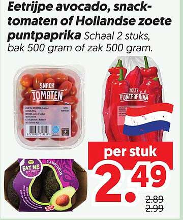 Eetrijpe avocado, snack-tomaten of Hollandse zoete puntpaprika