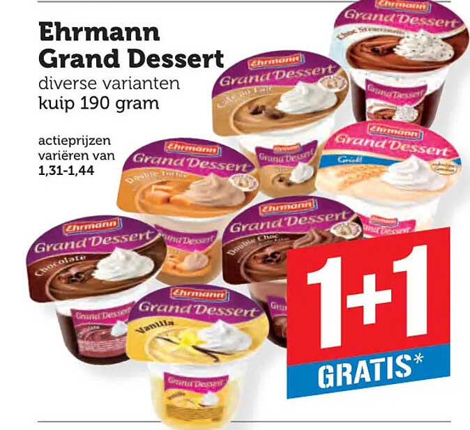 Ehrmann Grand Dessert diverse varianten kuip 190 gram 1+1 GRATIS*