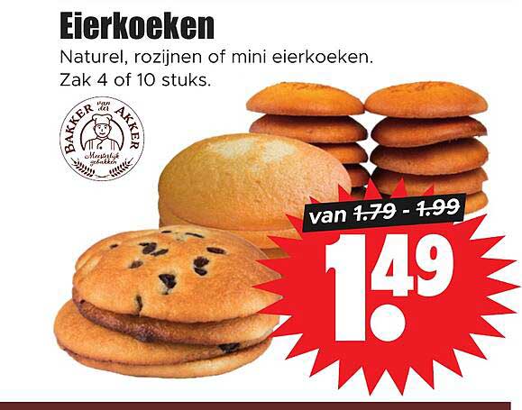 Eierkoeken Naturel, rozijnen of mini eierkoeken. Zak 4 of 10 stuks.
