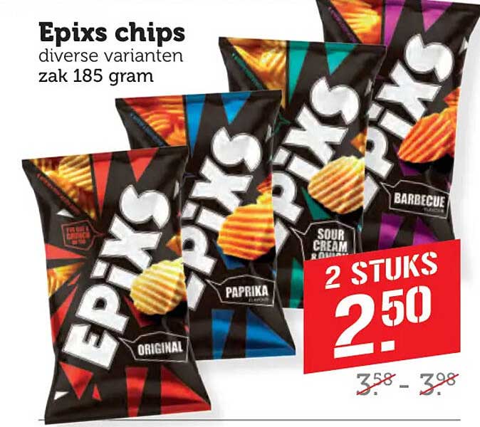 Epixs chips diverse varianten zak 185 gram 2 STUKS 2,50