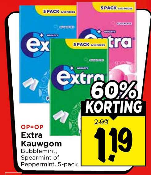 Extra Kauwgom Bubblemint, Spearmint of Peppermint. 5-pack 60% KORTING