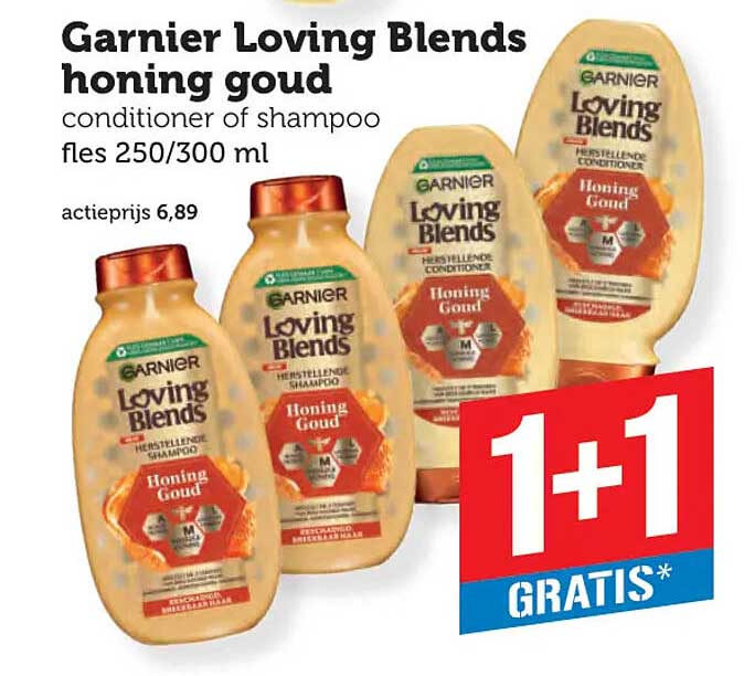Garnier Loving Blends honing goud conditioner of shampoo fles 250/300 ml 1+1 GRATIS