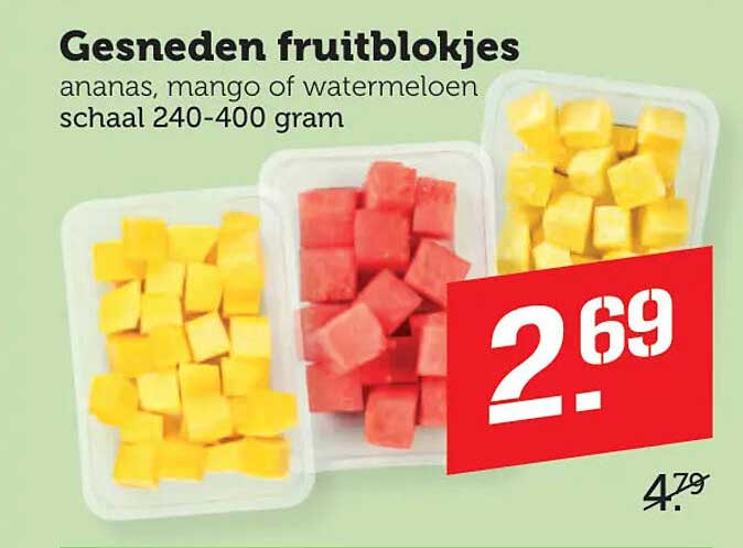 Gesneden fruitblokjes ananas, mango of watermeloen schaal 240-400 gram