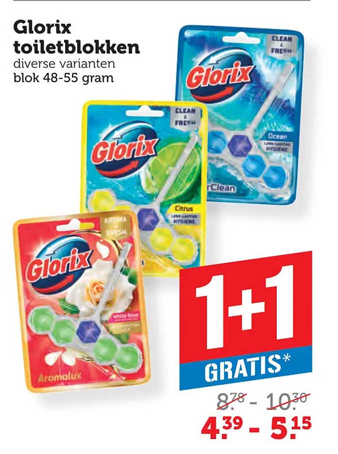 Glorix toiletblokken diverse varianten blok 48-55 gram 1+1 GRATIS