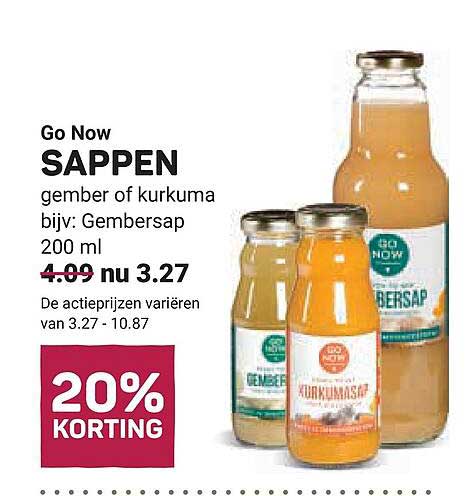 Go Now SAPPEN gember of kurkuma bijv: Gembersap 200 ml 20% KORTING
