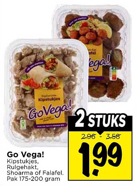 Go Vega! Kipstukjes, Rulgehakt, Shoarma of Falafel. Pak 175-200 gram 2 STUKS