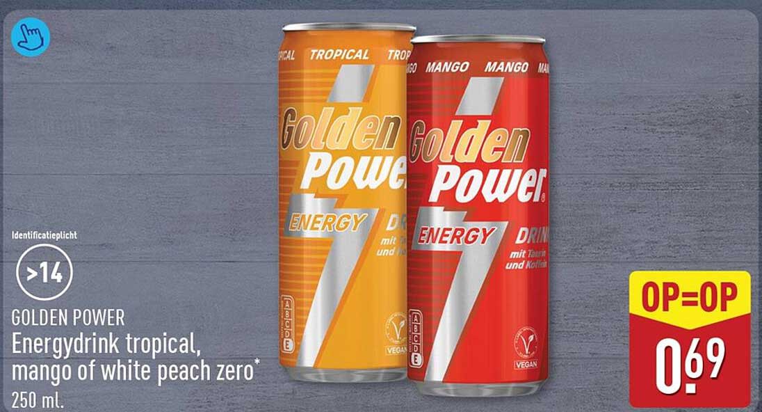 GOLDEN POWER Energydrink tropical, mango of white peach zero* 250 ml