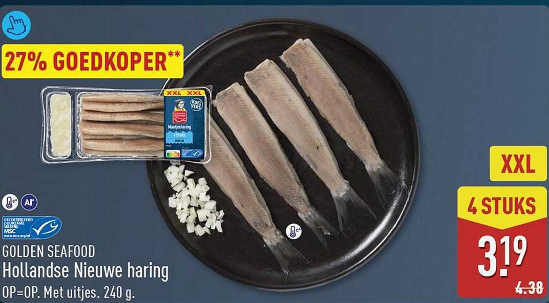 GOLDEN SEAFOOD Hollandse Nieuwe haring OP=OP. Met uitjes. 240 g. XXL 4 STUKS