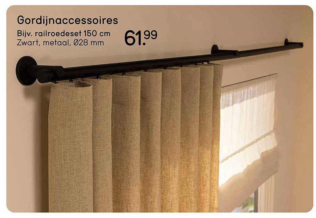 Gordijnaccessoires Bijv. railroedeset 150 cm Zwart, metaal, Ø28 mm