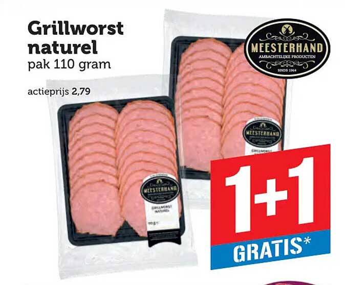 Grillworst naturel pak 110 gram 1+1 GRATIS*