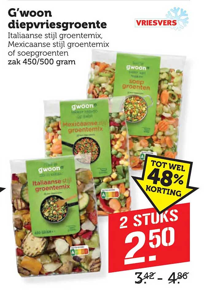 G'woon diepvriesgroente Italiaanse stijl groentemix, Mexicaanse stijl groentemix of soepgroenten zak 450/500 gram 2 stuks