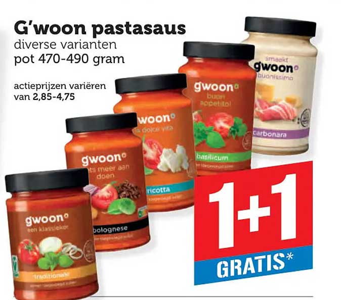 G'woon pastasaus diverse varianten pot 470-490 gram 1+1 GRATIS*