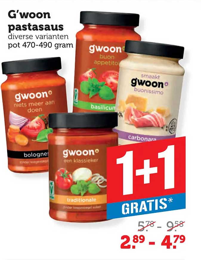 G'woon pastasaus diverse varianten pot 470-490 gram 1+1 gratis