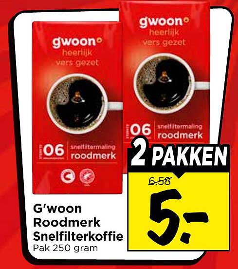 G'woon Roodmerk Snelfilterkoffie Pak 250 gram 2 pakken