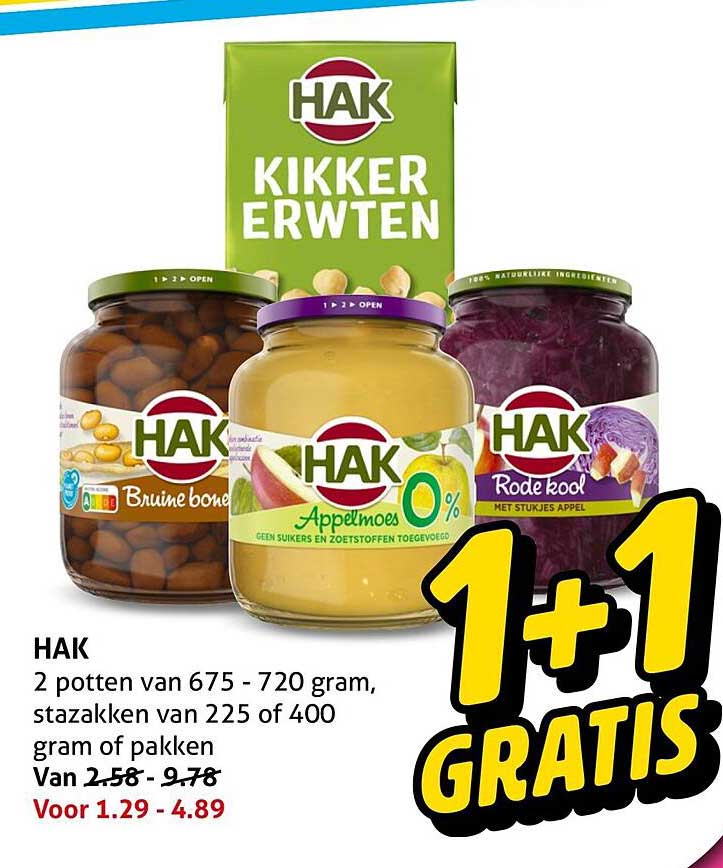 HAK 2 potten van 675 - 720 gram, stazakken van 225 of 400 gram of pakken 1+1 GRATIS