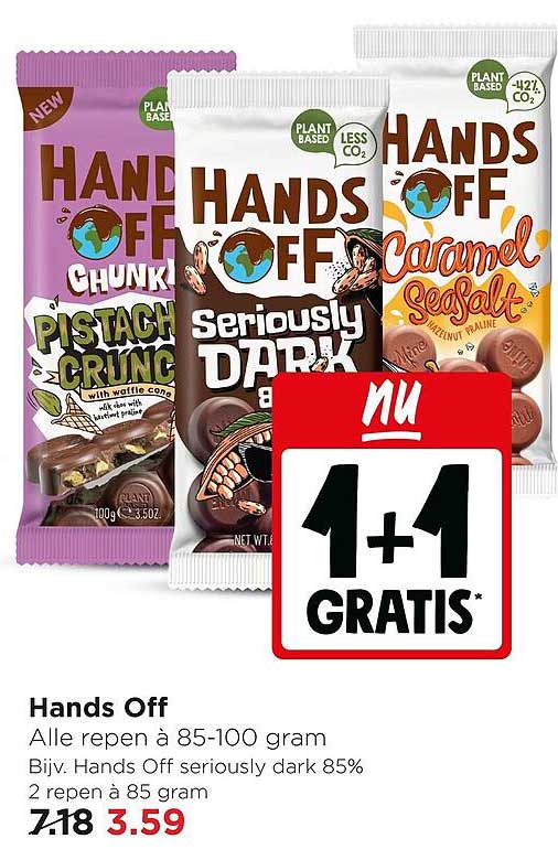 Hands Off Alle repen à 85-100 gram Bijv. Hands Off seriously dark 85% 1+1 gratis