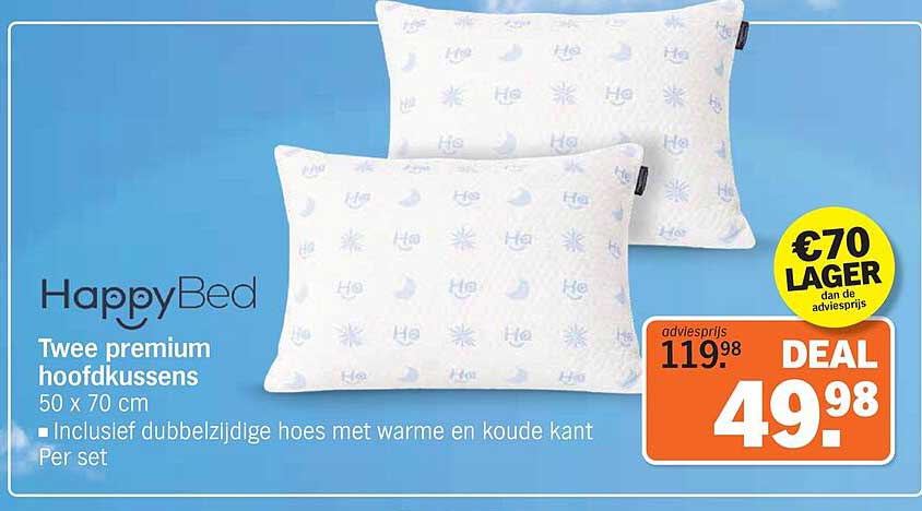 HappyBed Twee premium hoofdkussens 50 x 70 cm Inclusief dubbelzijdige hoes met warme en koude kant Per set