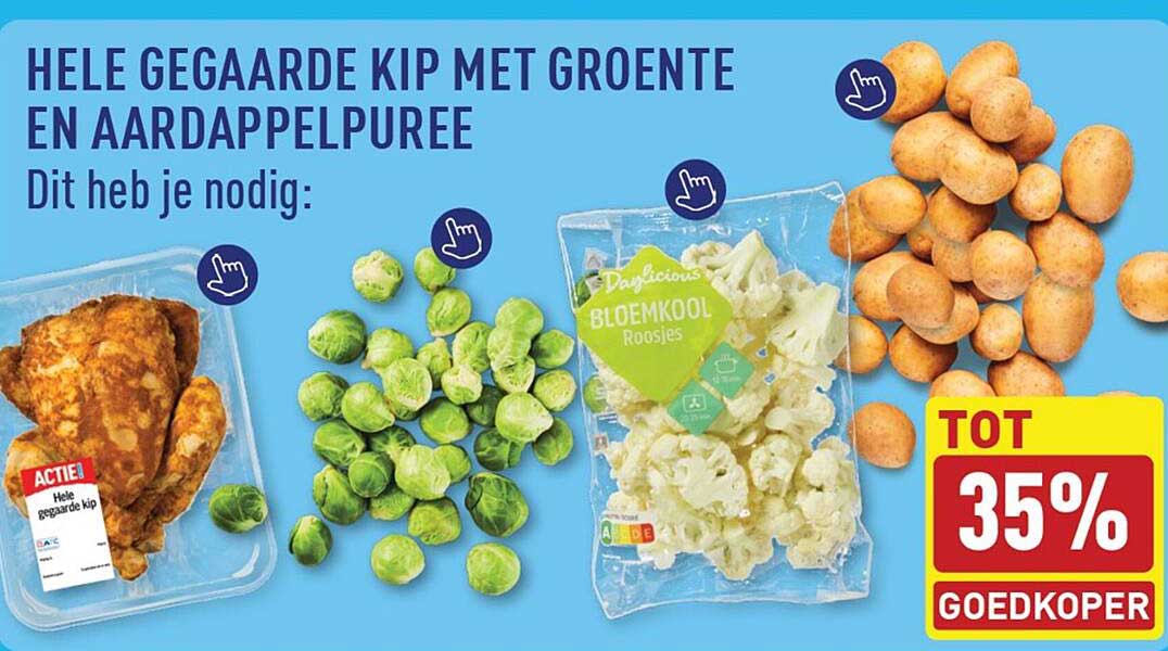 HELE GEGAARDE KIP MET GROENTE EN AARDAPPELPUREE TOT 35% GOEDKOPER