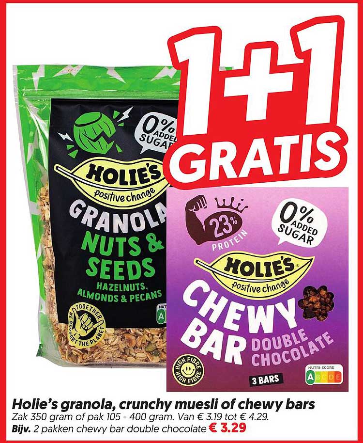 Holie’s granola, crunchy muesli of chewy bars 1+1 gratis