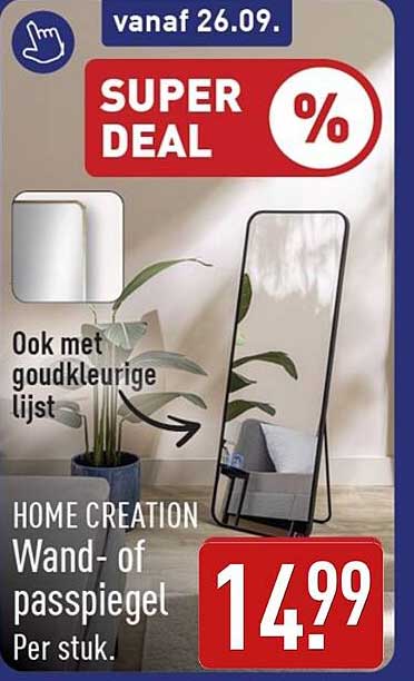 HOME CREATION Wand- of passpiegel - Ook met goudkleurige lijst SUPER DEAL