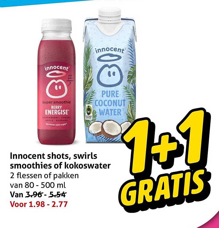 Innocent shots, swirls smoothies of kokoswater 1+1 gratis