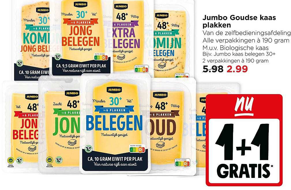 Jumbo Goudse kaas plakken 1+1 gratis