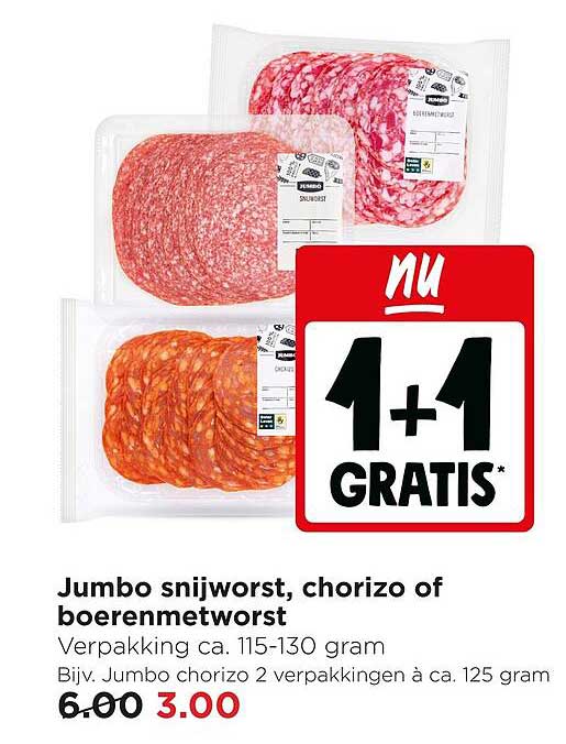 Jumbo snijworst, chorizo of boerenmetworst 1+1 gratis