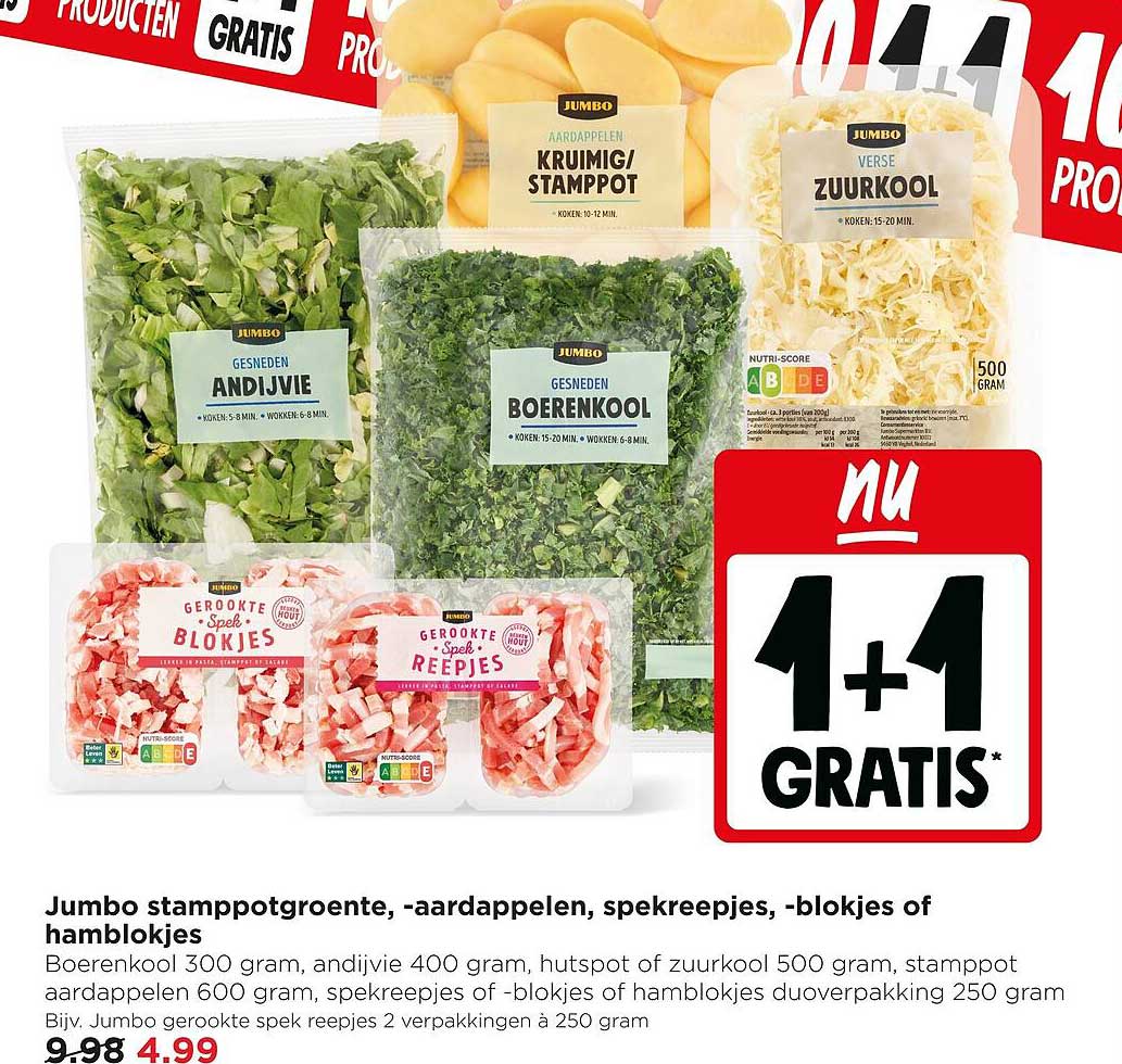 Jumbo stamppotgroente, -aardappelen, spekreepjes, -blokjes of hamblokjes 1+1 GRATIS