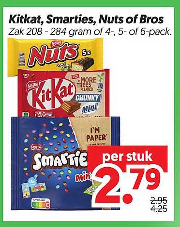 Kitkat, Smarties, Nuts of Bros Zak 208 - 284 gram of 4-, 5- of 6-pack.