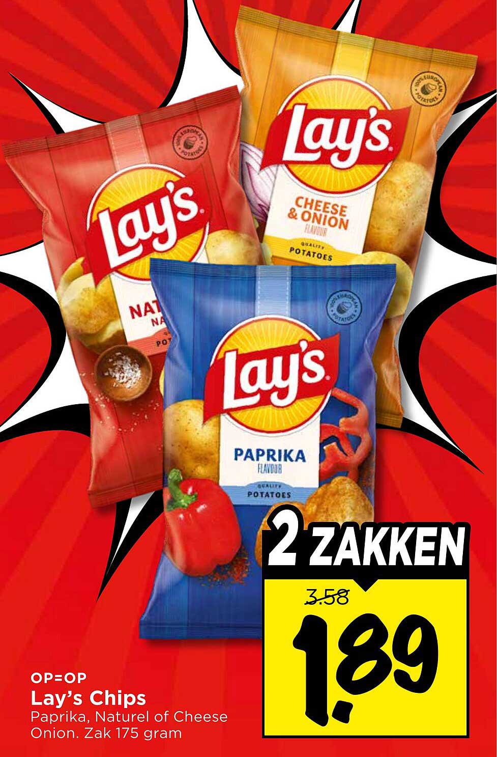 Lay’s Chips Paprika, Naturel of Cheese Onion. Zak 175 gram 2 ZAKKEN